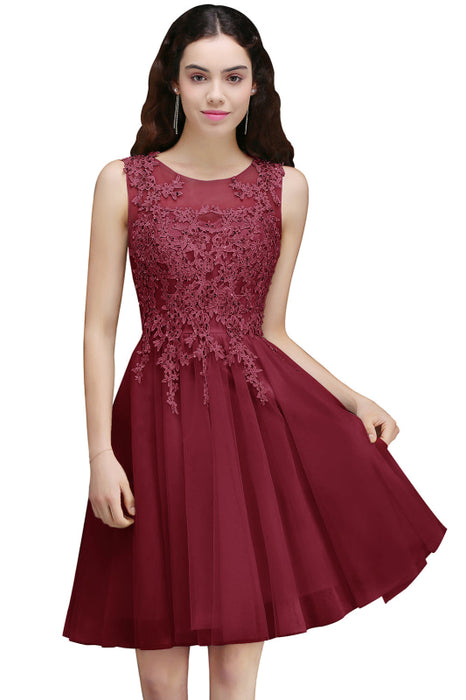 Chic Crew Neck Lace Tulle Short Homecoming Dress Sleeveless Appliques Mini Party Dress - Burgundy / US 2 - Prom Dresses