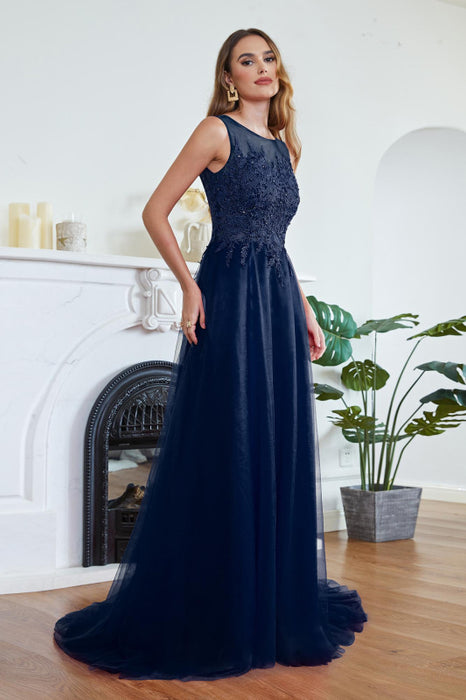 Chic Crew Neck Tulle Lace Aline Evening Dress Sleeveles Beading Party Wear Dress - Navy Blue / US 2 - Prom Dresses