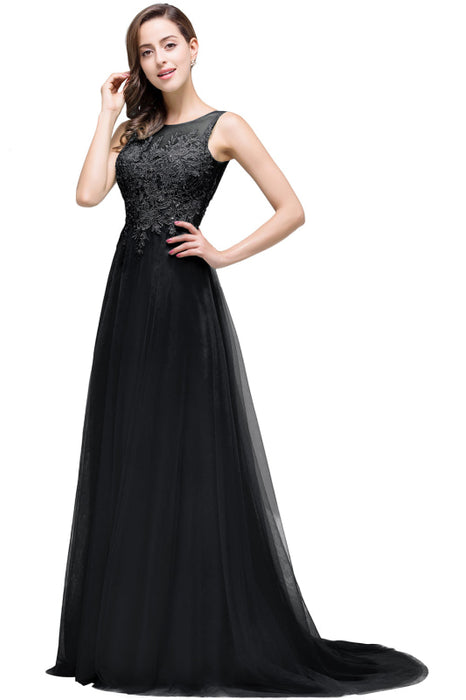 Chic Crew Neck Tulle Lace Aline Evening Dress Sleeveles Beading Party Wear Dress - Black / US 2 - Prom Dresses