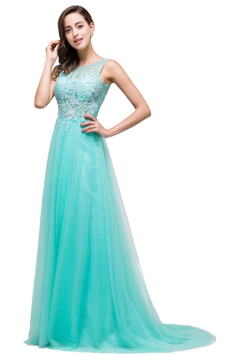 Chic Crew Neck Tulle Lace Aline Evening Dress Sleeveles Beading Party Wear Dress - Mint / US 2 - Prom Dresses