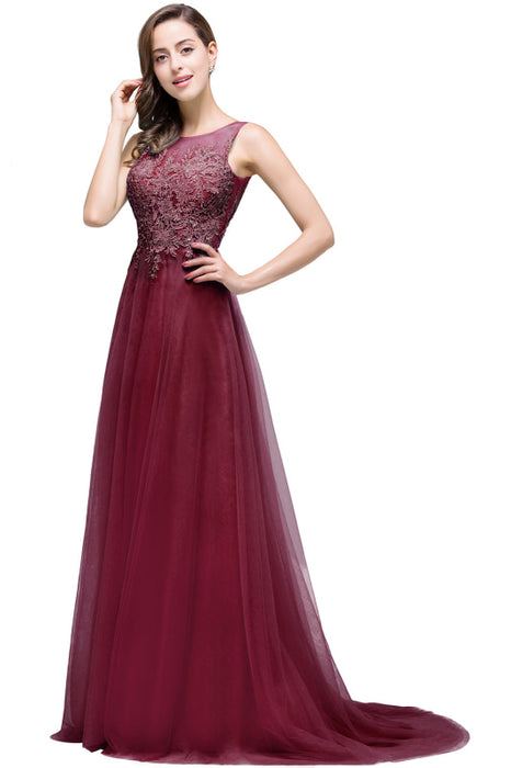 Chic Crew Neck Tulle Lace Aline Evening Dress Sleeveles Beading Party Wear Dress - Burgundy / US 2 - Prom Dresses