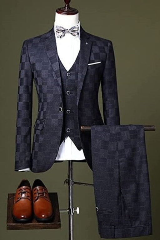 Chic Dark Blue Plaid Three Pieces One Button Men Business Suits