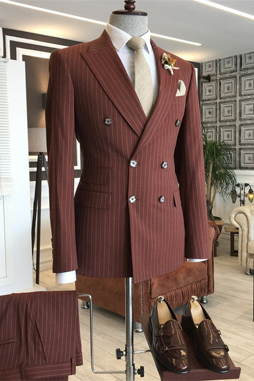 Gale Chic Deep Red Peaked Lapel Double Breasted Striped Business Suits