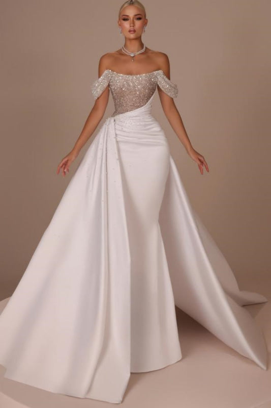 Chic Glitter Off-Shoulder Satin Mermaid Chapel Train Wedding Dress - evening dresses