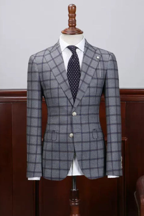 Darnell Chic Gray Plaid Notched Lapel Business Suits For Men