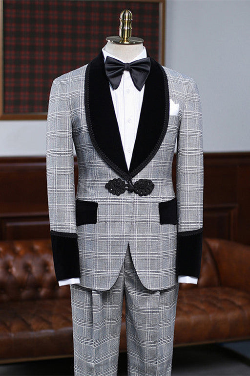 SSbott Chic Gray Shawl Lapel Plaid Men Suits For Wedding