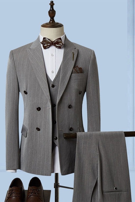 Chic Gray Striped Peaked Lapel Three Pieces Single Breasted Business Suits for Men