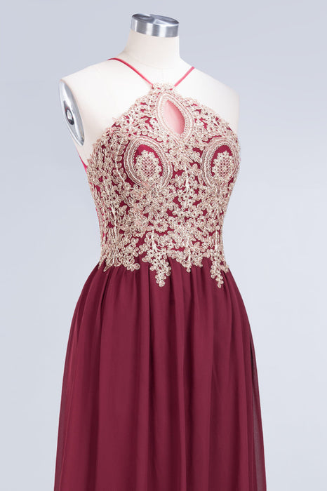 Bridelily Chic Spaghetti Straps Long Burgundy Backless Bridesmaid Dress with Appliques