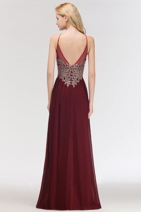 Bridelily Chic Spaghetti Straps Long Burgundy Backless Bridesmaid Dress with Appliques