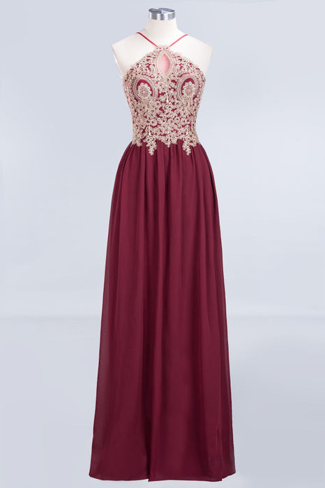 Bridelily Chic Spaghetti Straps Long Burgundy Backless Bridesmaid Dress with Appliques