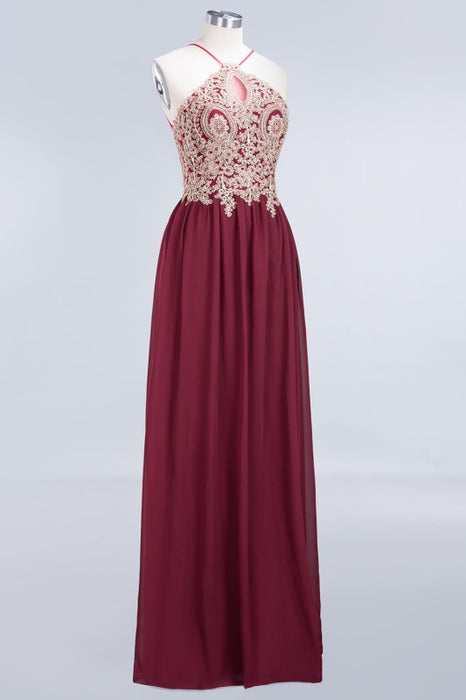 Bridelily Chic Spaghetti Straps Long Burgundy Backless Bridesmaid Dress with Appliques