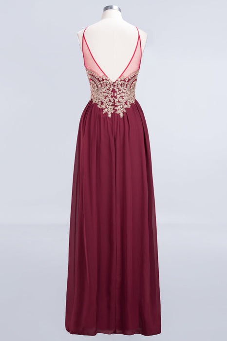 Bridelily Chic Spaghetti Straps Long Burgundy Backless Bridesmaid Dress with Appliques