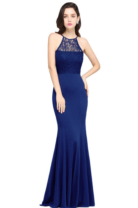 Chic Halter Floral Lace Mermaid Bridesmaid Dress Chiffon Floor Length Evening Dress - Navy Blue / US 2 - Prom Dresses