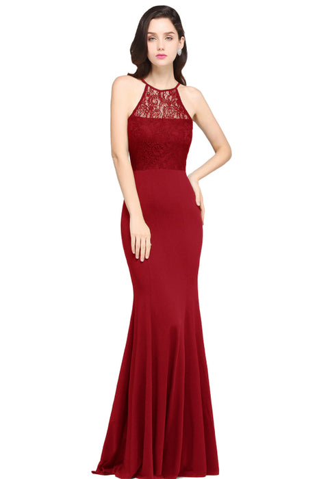 Chic Halter Floral Lace Mermaid Bridesmaid Dress Chiffon Floor Length Evening Dress - Red / US 2 - Prom Dresses