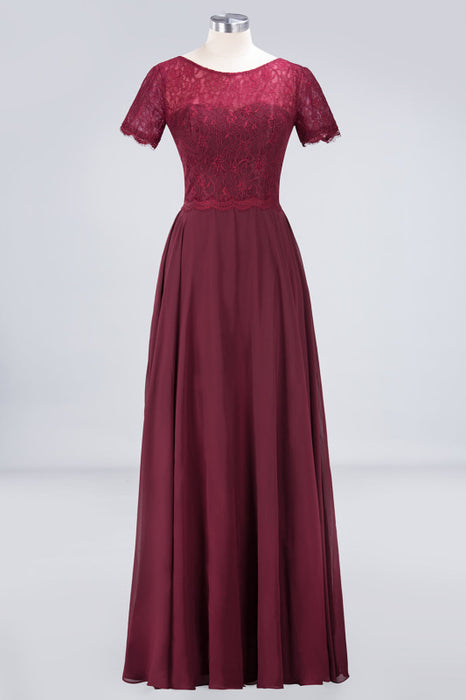 Bridelily Chic Lace Long Burgundy Backless Bridesmaid Dress With Short-Sleeves