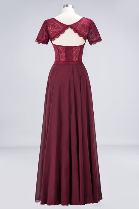 Bridelily Chic Lace Long Burgundy Backless Bridesmaid Dress With Short-Sleeves