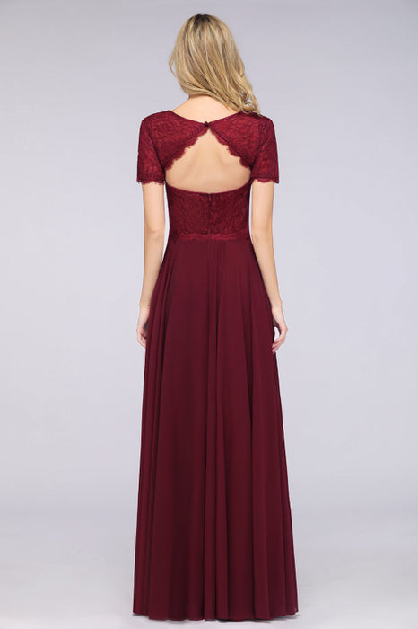 Bridelily Chic Lace Long Burgundy Backless Bridesmaid Dress With Short-Sleeves