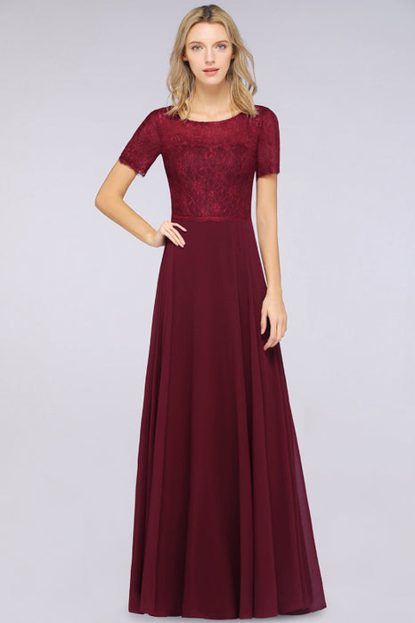 Bridelily Chic Lace Long Burgundy Backless Bridesmaid Dress With Short-Sleeves