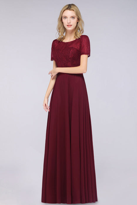 Bridelily Chic Lace Long Burgundy Backless Bridesmaid Dress With Short-Sleeves