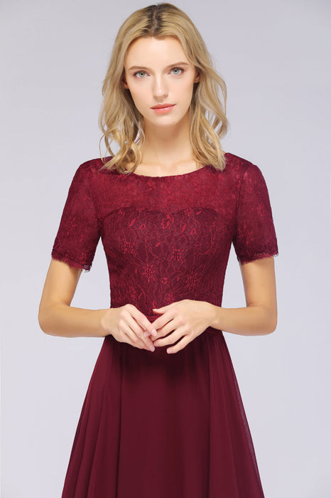 Bridelily Chic Lace Long Burgundy Backless Bridesmaid Dress With Short-Sleeves