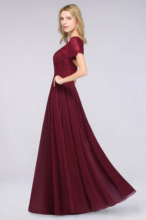 Bridelily Chic Lace Long Burgundy Backless Bridesmaid Dress With Short-Sleeves