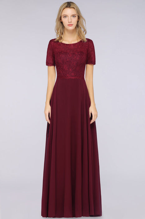 Bridelily Chic Lace Long Burgundy Backless Bridesmaid Dress With Short-Sleeves