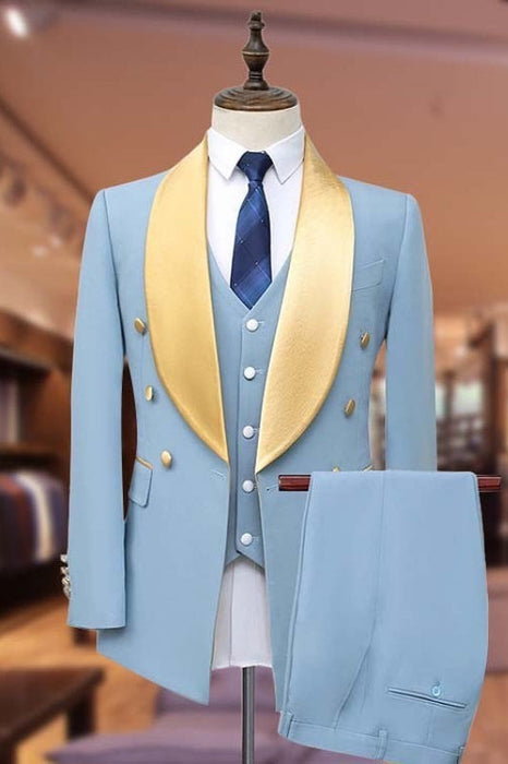 Charles Three Pieces Light Blue Bespoke Wedding Suits With Satin Lapel