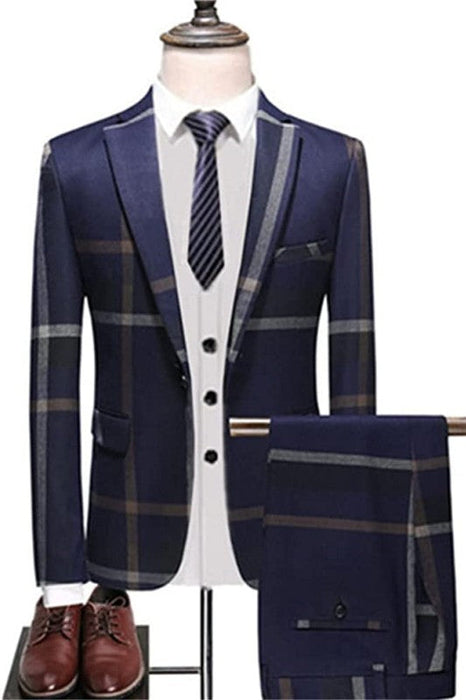 Ethan Chic Navy Blue Plaid Peaked Lapel Business Suits for Men