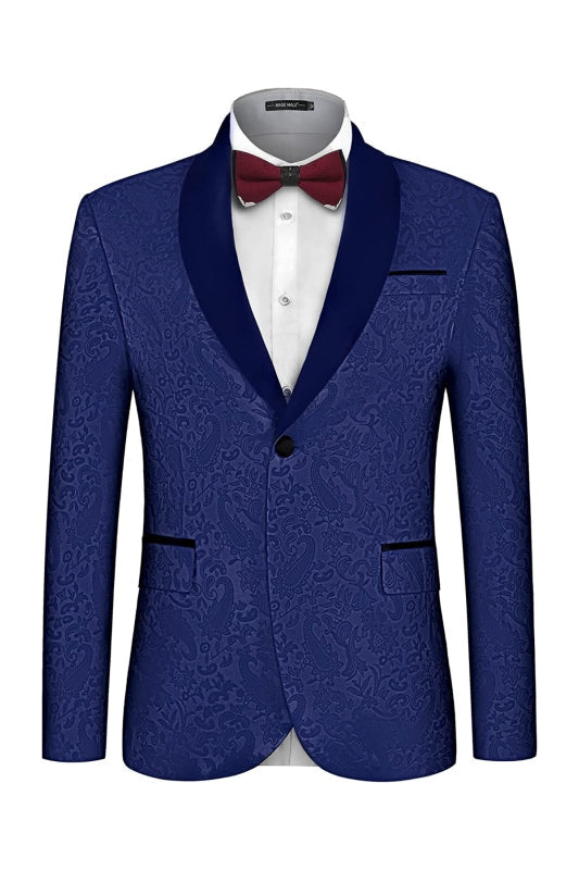 Feiix Chic Navy Blue Shawl Lapel Two Pieces Jacquard Men Suits For Wedding