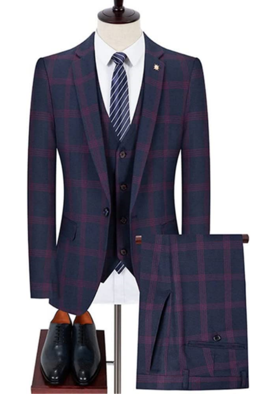 Chic Navy Blue Three Pieces Men Suits for Business with Purple Plaid