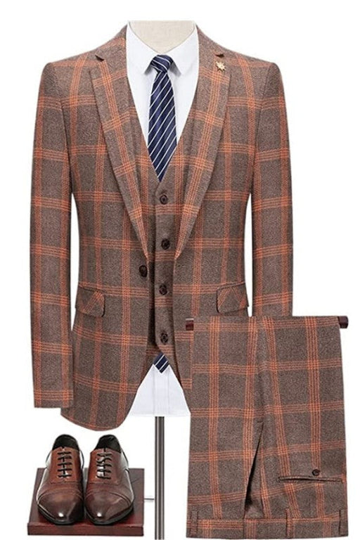 Fancy Deep Gray with Reddish Brown Plaid Slim Fit Business Suits For Men