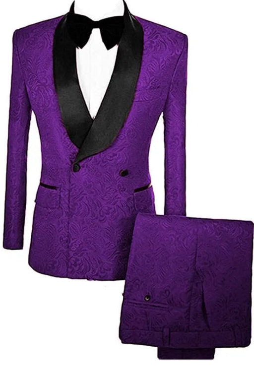 Martin Chic Purple Double Breasted Jacquard Wedding Suits With Velvet Lapel