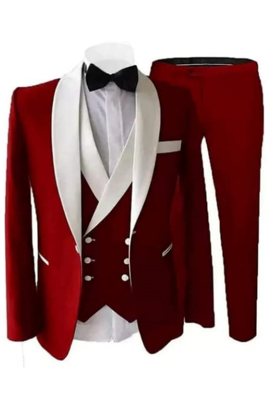 Luther Chic Red Shawl Lapel Three Pieces Wedding Suits