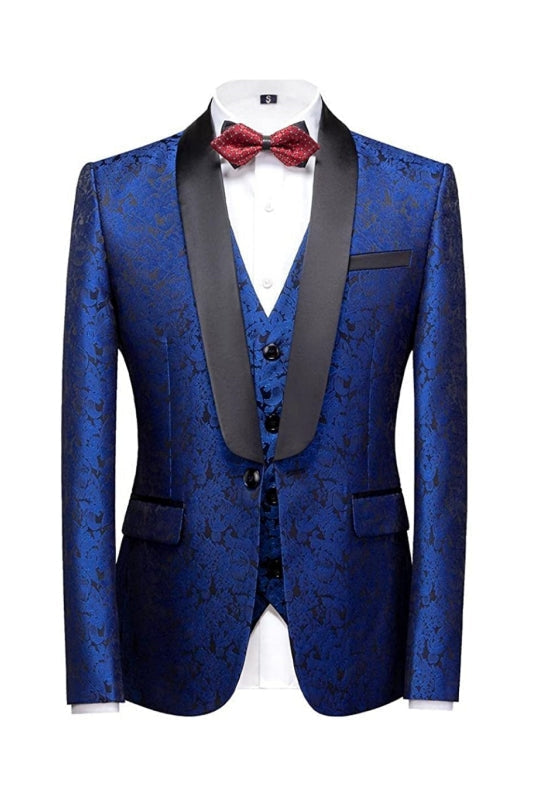 Gary Chic Royal Blue Three Pieces Jacquard Men Suits For Wedding