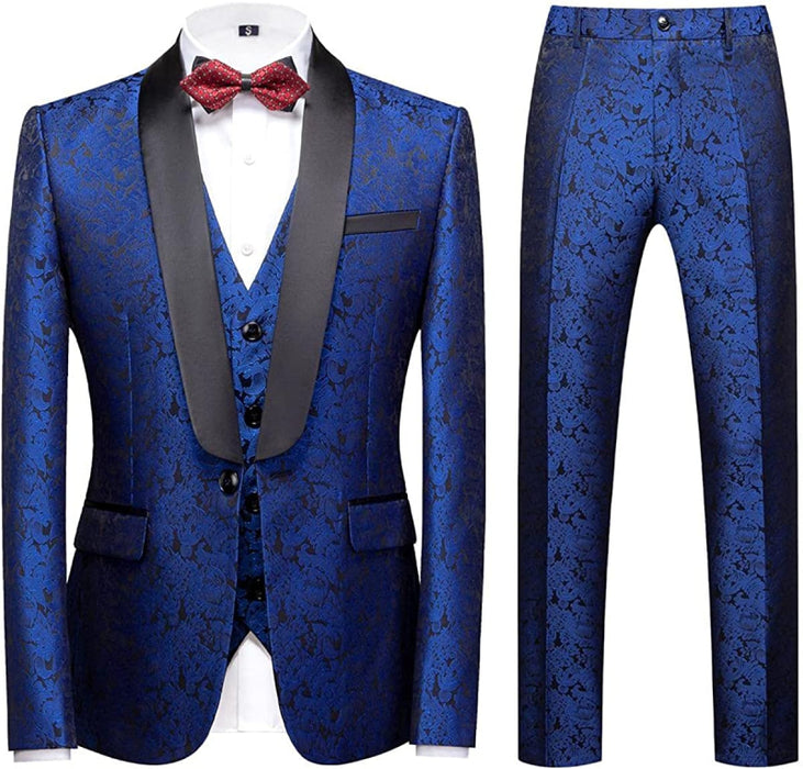 Gary Chic Royal Blue Three Pieces Jacquard Men Suits For Wedding