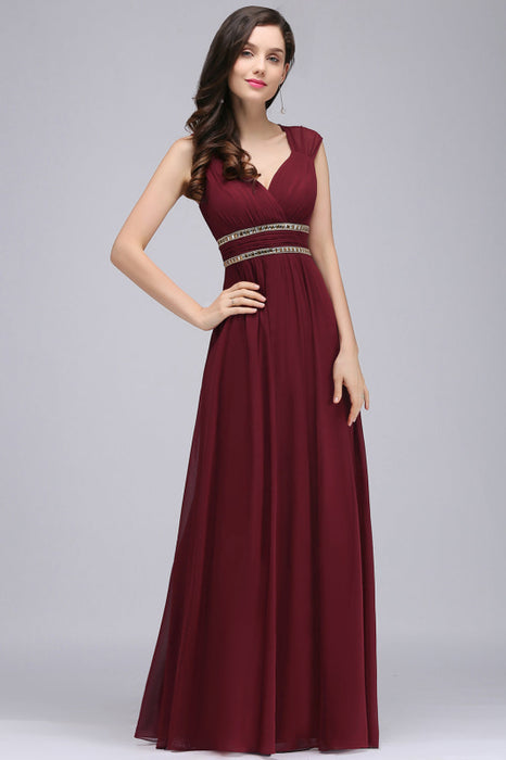 Bridelily Chiffon Burgundy V-Neck Cap Sleeve Bridesmaid Dress with Beadings