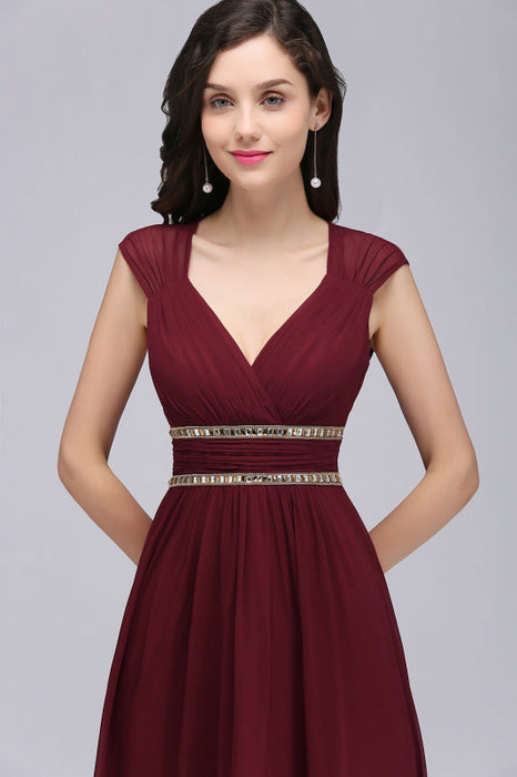 Bridelily Chiffon Burgundy V-Neck Cap Sleeve Bridesmaid Dress with Beadings