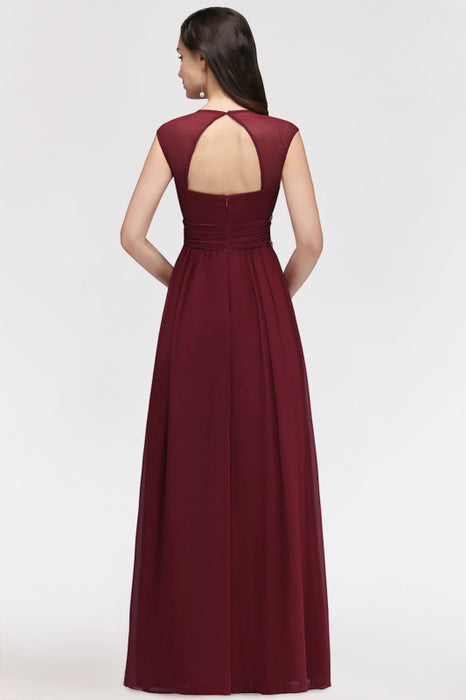 Bridelily Chiffon Burgundy V-Neck Cap Sleeve Bridesmaid Dress with Beadings