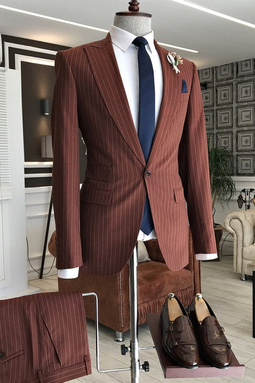 Hilary Chic Rufous Peaked Lapel Two Pieces Bespoke Striped Business Suits