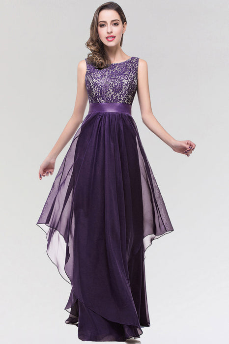 Chic Sleeveless Chiffon Aline Evening Dresses Crew Neck Lace Bridesmaid Dress - Grape / US 2 - Prom Dresses