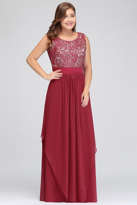 Chic Sleeveless Chiffon Aline Evening Dresses Crew Neck Lace Bridesmaid Dress - Burgundy / US 2 - Prom Dresses