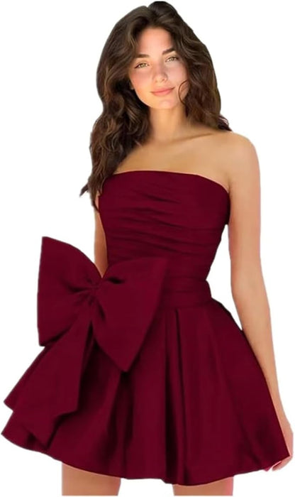 Chic Sleeveless Ruched Short Homecoming Dresses Lace Up Mini Party Wear Dress with Bow - Prom Dresses