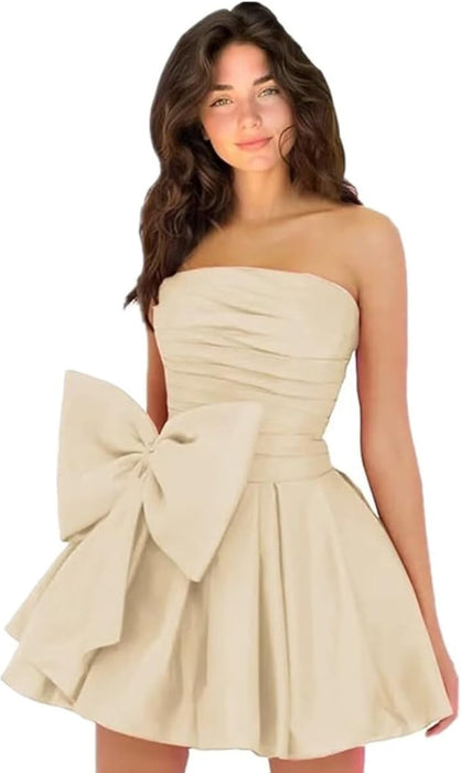 Chic Sleeveless Ruched Short Homecoming Dresses Lace Up Mini Party Wear Dress with Bow - Prom Dresses