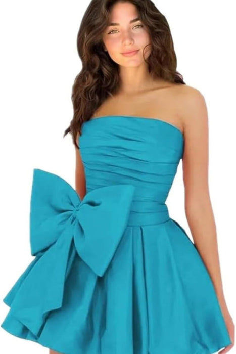 Chic Sleeveless Ruched Short Homecoming Dresses Lace Up Mini Party Wear Dress with Bow - Prom Dresses