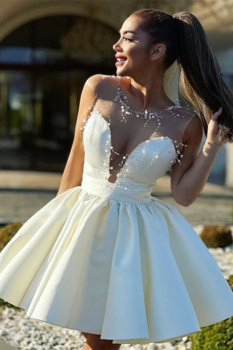 Chic Sleeveless Satin Short Homecoming Dresses Knee Length Party Dress with Pearls - Prom Dresses