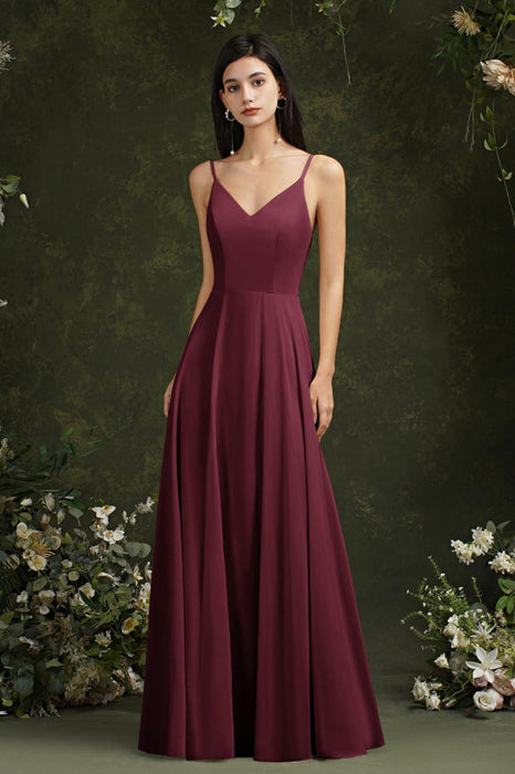 Chic Spaghetti Straps Chiffon Formal Dress Sleveless V-Neck Aline Long Evening Dress - Burgundy / US 2 - Prom Dresses