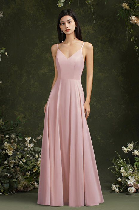 Chic Spaghetti Straps Chiffon Formal Dress Sleveless V-Neck Aline Long Evening Dress - Dusty Rose / US 2 - Prom Dresses