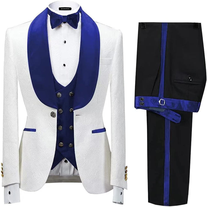 Myron Royal Blue Shawl Lapel Three Pieces New Arrival Jacquard Wedding Suits