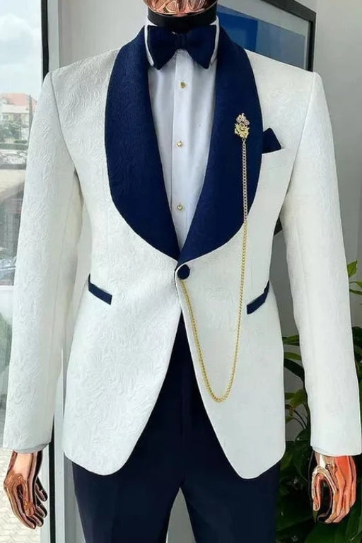 Benson Chic White Jacquard Wedding Suits With Navy Blue Shawl Lapel