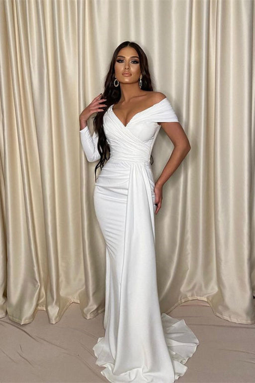 Chic White One Shoulder Off-the-Shoulder Evening Prom Dress with Pleats